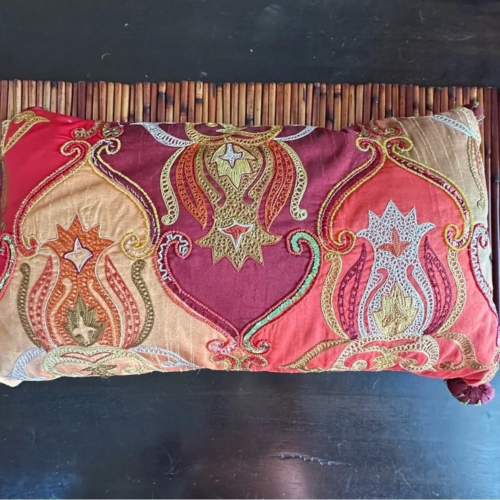 Pier 1 RARE Handmade Embroidered Appliqué Pillow Pom Pom Beaded Accents